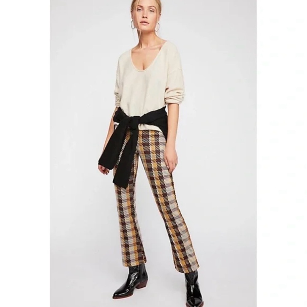 Free People Clean Crop Flare Pants, brown/mustard/cream plaid color, size 10